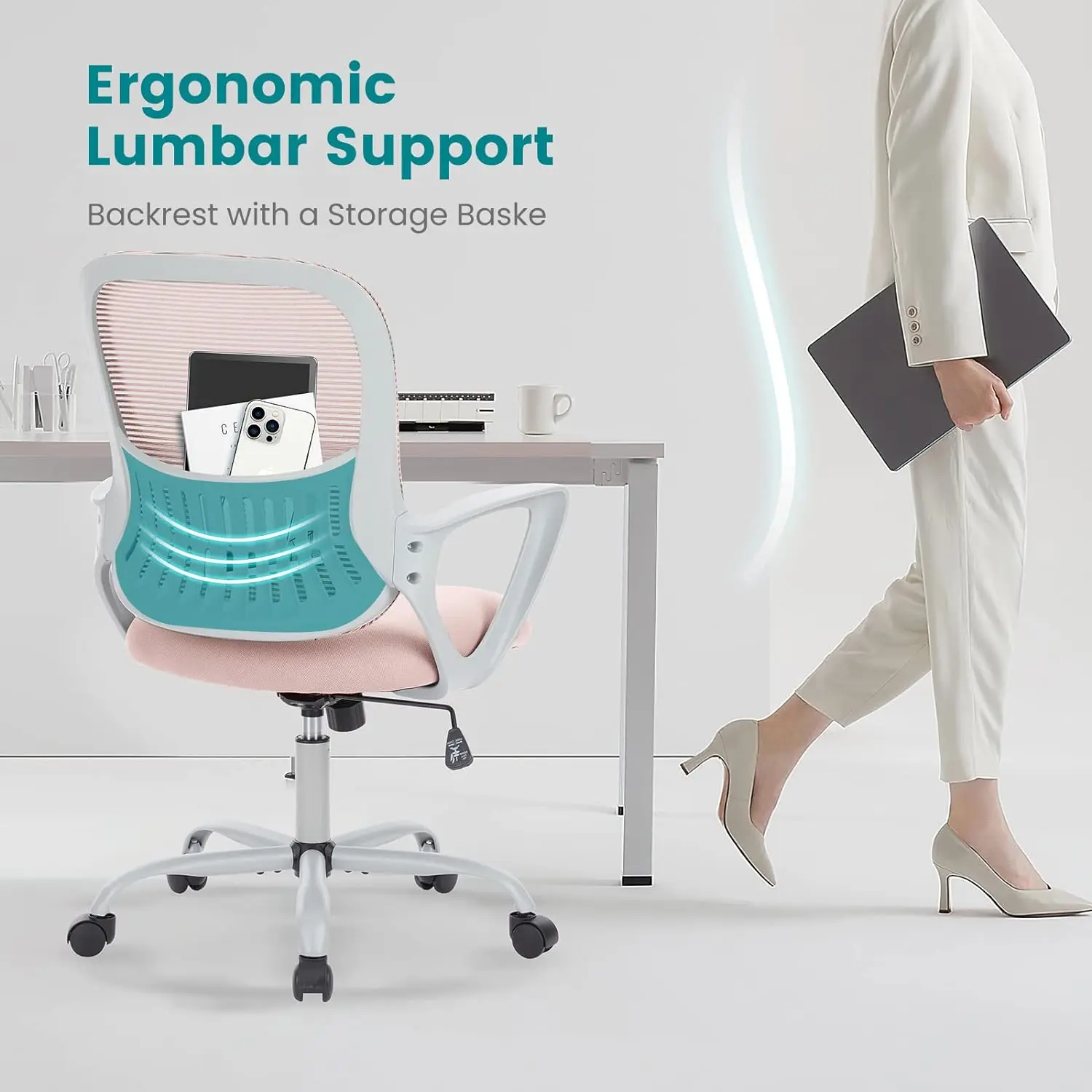 Kursi komputer meja kantor, penyangga Lumbar nyaman, kursi kerja putar tengah belakang ergonomis dengan roda