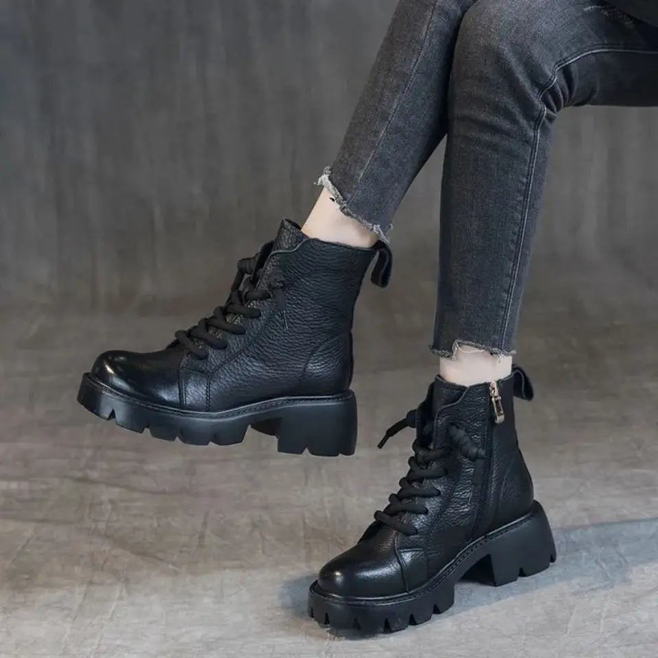 Botki Chunky Footwear Platform Fur Short Shoes for Women Biker Female Ankle Boots Combat Punk Style Trend 2024 Spring Fashion