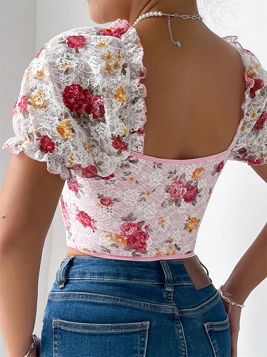 Women's Lace Crop Tops Short Sleeve Sweetheart Neck Floral Print Slim Fit T-Shirts Aesthetic Clothes