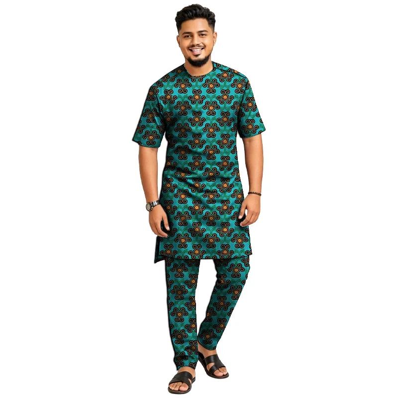 Tailor Made Short Sleeve Men's Set Collarless Top With Trousers Male Pant Suit Custom African Print Dance Attire Party Wear