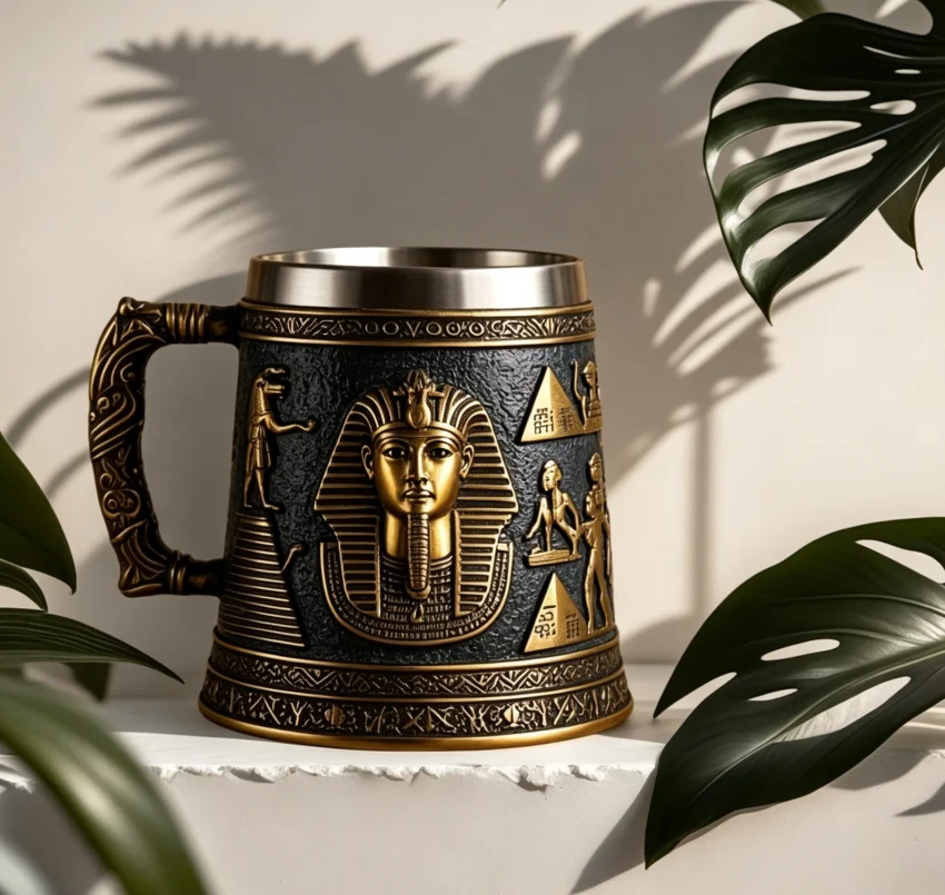 Vintage Egyptian Pyramid Beer Mug, Resin Tankard with Stainless Steel Inner, Home Bar Decoration Unique Gift for Wine Lovers