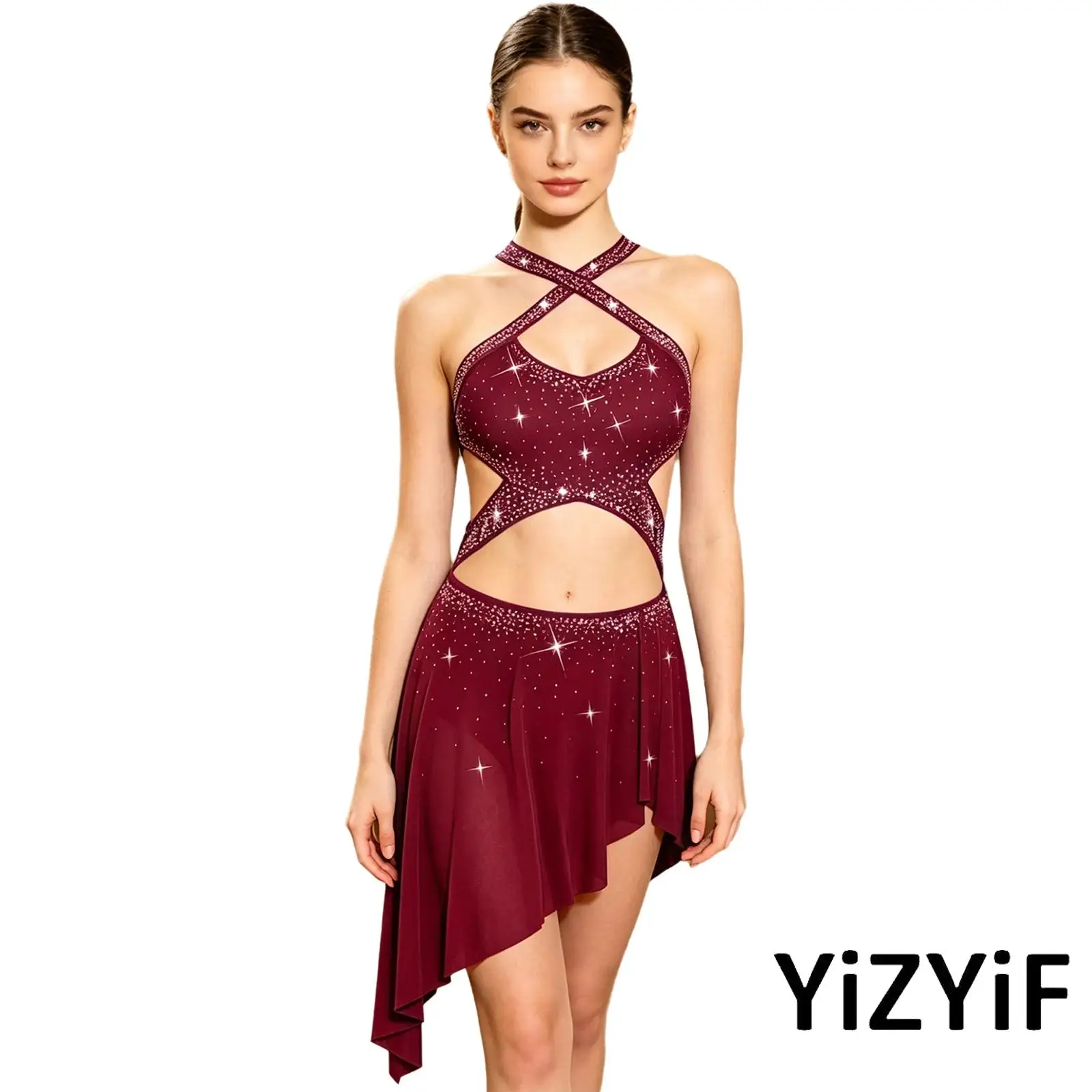 

Tango Latin Dance Dress for Women Sleeveless Straps Irregular Mesh Hem Built In Briefs Leotards Dress Ballerina Dance Costume