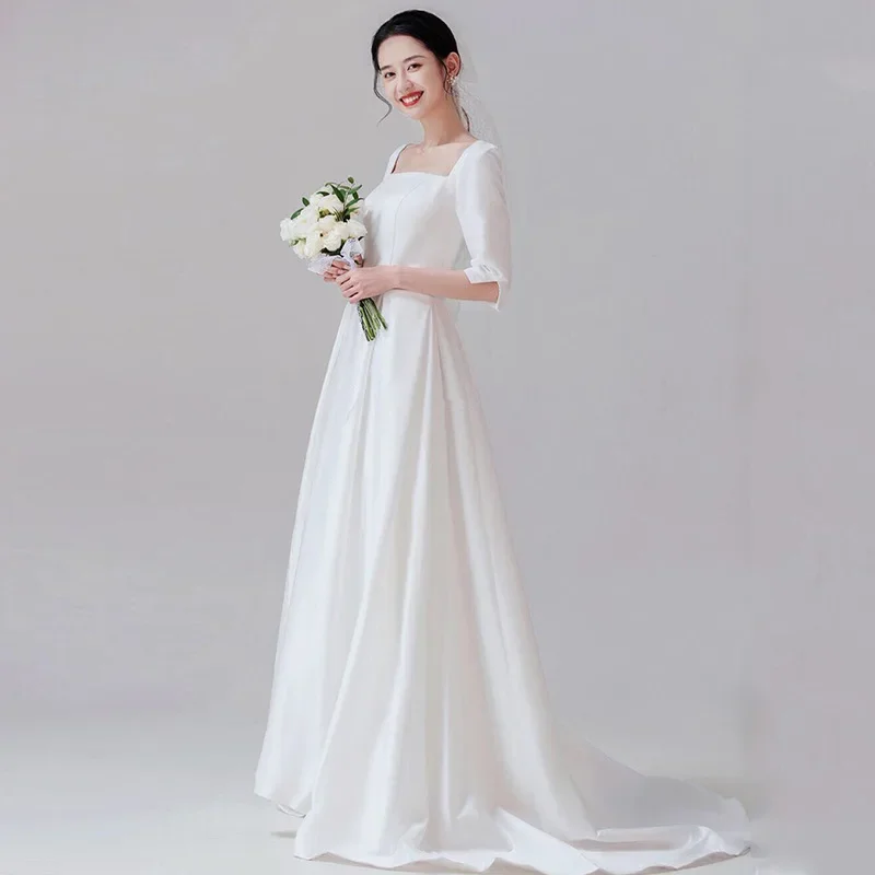 French medium-sleeved light wedding dress 2025 autumn new white simple satin trailing wedding