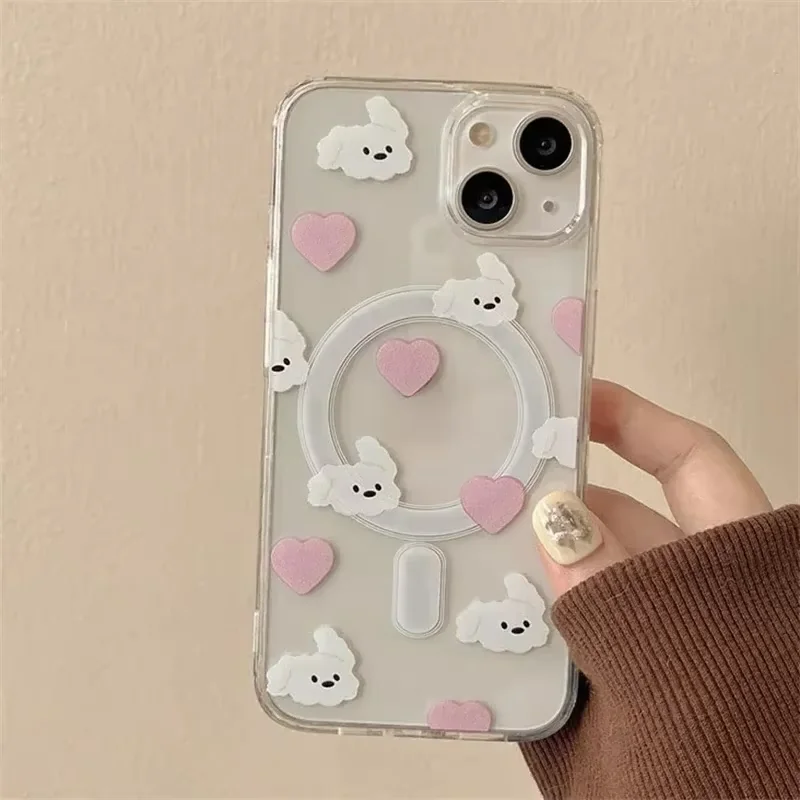 Heart Kawaii Puppy Ears Phone Case For Magnetic iPhone 17 AIR 16 E 15 14 13 12 11 PRO MAX PLUS MINI Wireless Charging Cover - view 4