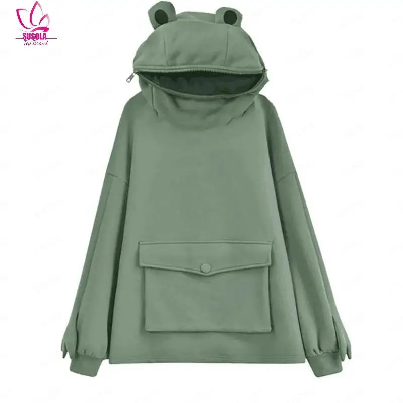 Harajuku Women Hoodie Frog Pullover Winter Sense Hooded Casual Sweatshirts Autumn Embroidery Loose Top Doll Decoration Hoodies