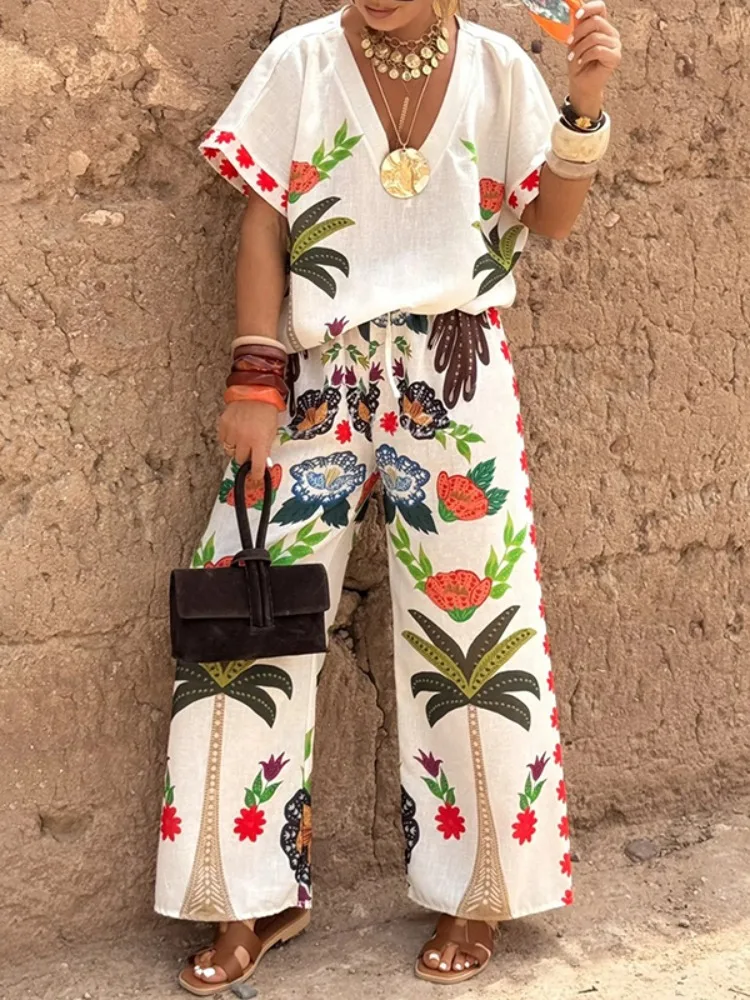 

Beautyblue Bohemian Pants Sets for Women Cotton Linen Tops&Trousers 2025 New Printed Wide Leg Long Pants Vintage V-Neck T-shirts