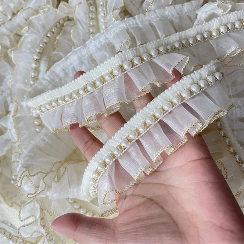 4CM Wide White Organza Tulle Fabric Frills Beaded Fringe Needlework Ruffles Lace Ribbon Golden Edge Trim Dress Apparel Diy Craft