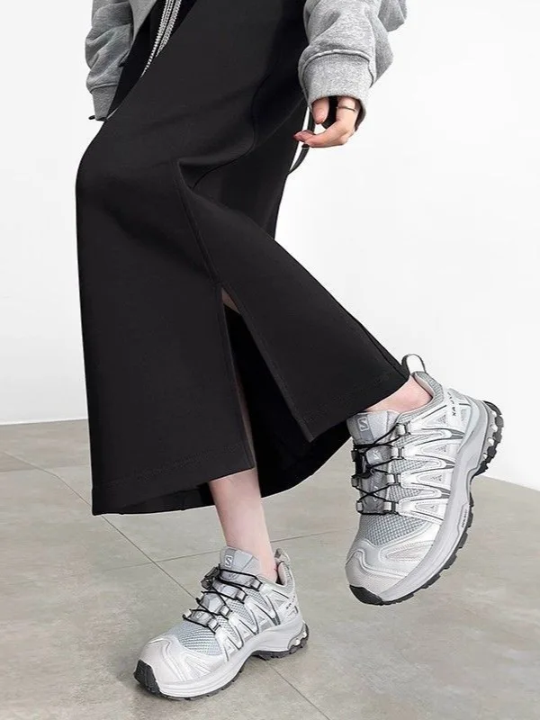 Autumn Winter Grey Sweatshirt Skirt High-End Feel Wrap around A-Line Long Skirt Straight Cut Split Design New Arrival