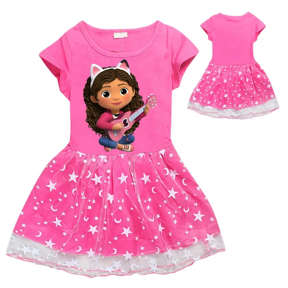 Gabby Doolhouse Clothes for Baby Girls Summer Short Sleeve Dresses Kids Cartoon Gabby Cats Dress Children Lace Princess Vestidos