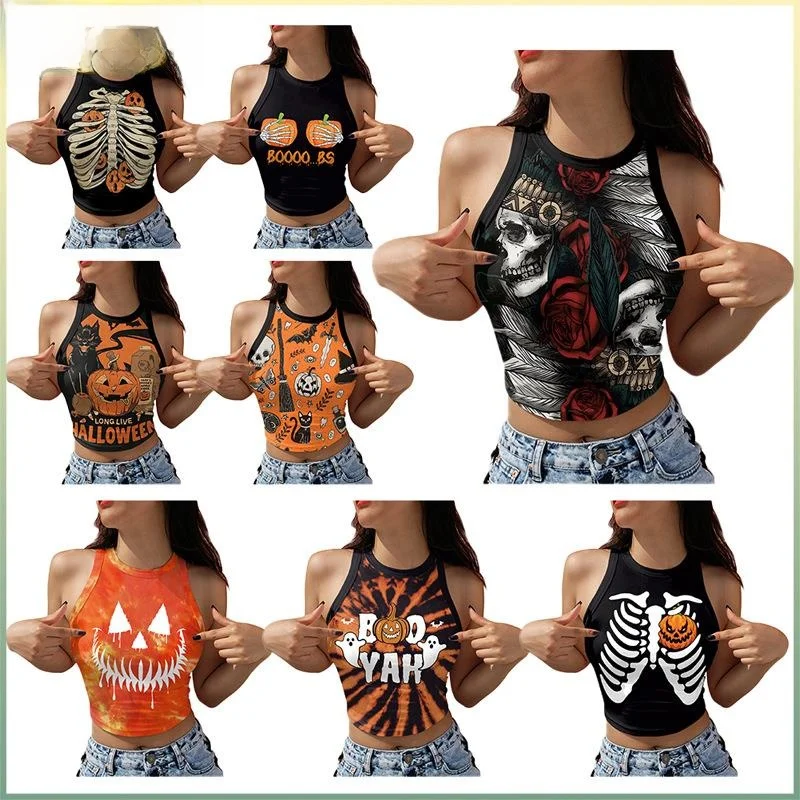 

loween Print ort Vest Top Women's Summer Faion 3D Effect Costume Top Ultra ort Length Inner Wear Polyester Fiber
