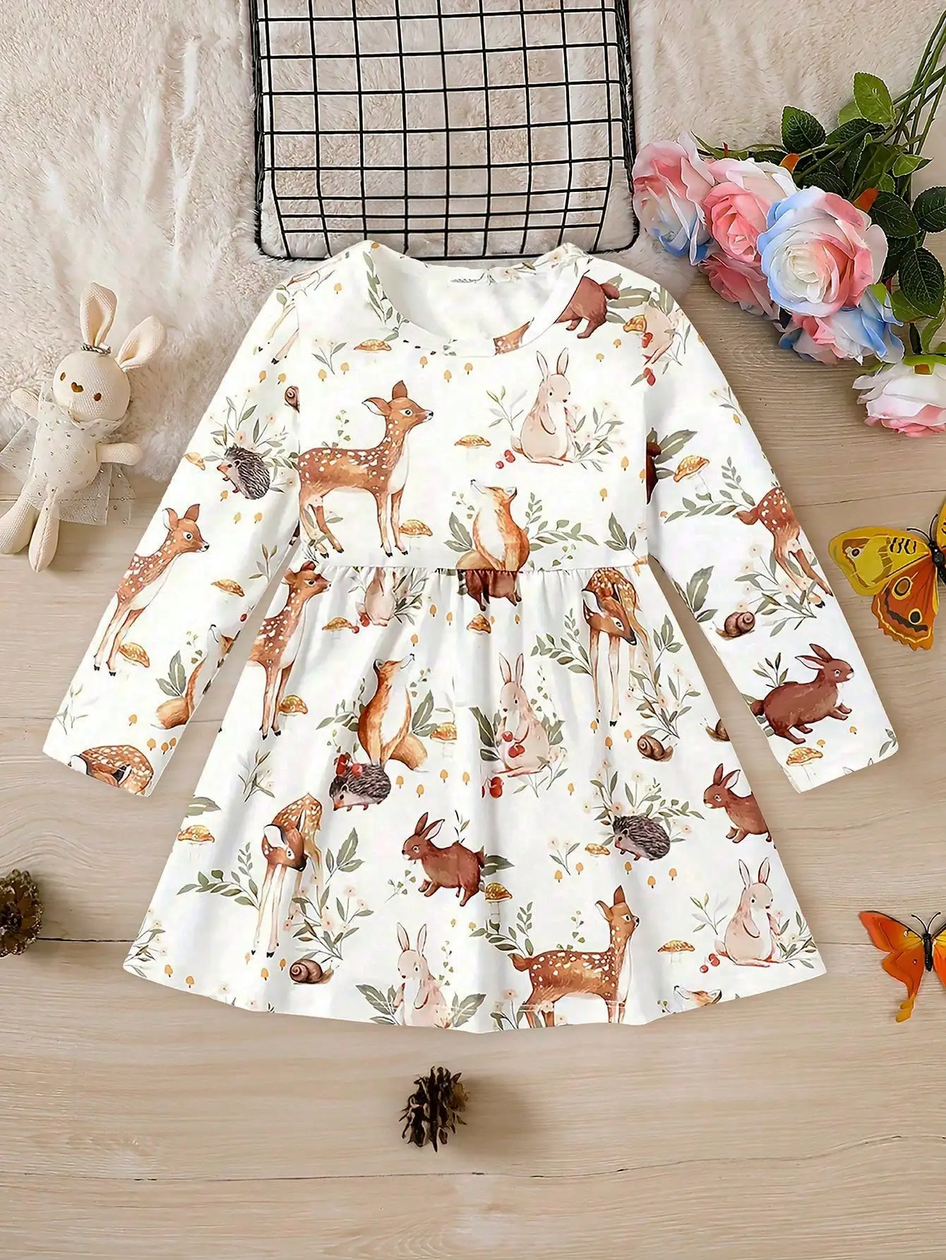 Girls Cute Animal Forest Deer Cute & Elastic Dress For Spring And Autumn