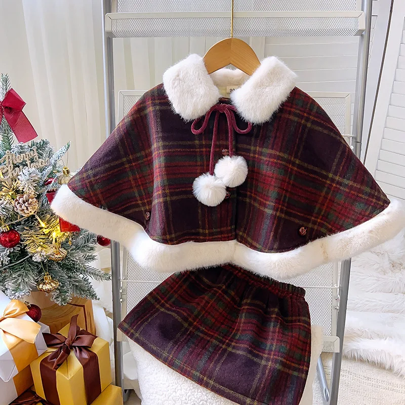 2024 Children Girl Winter 2PCS Clothes Set Cotton Fleece Thick Turn Down Collar Cardigan Cape Suit Plaid Skirt Baby Girl Outfits