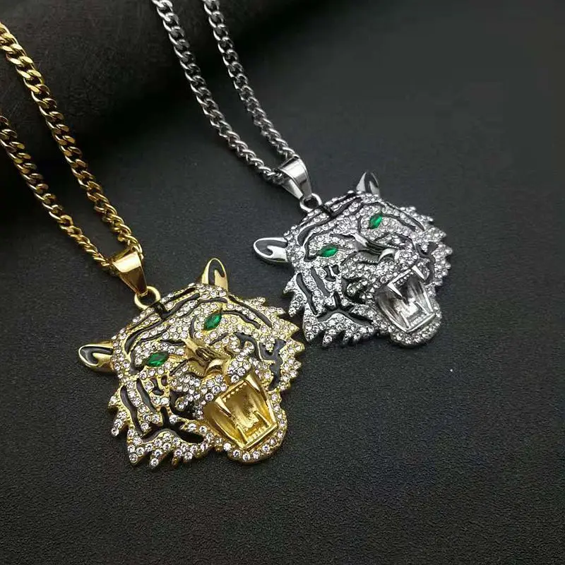 Megin D Stainless Steel Titanium Hip Hop Blinganimal Tiger Bottle Opener Pendant Collar Chains Necklace for Men Women Gift Jewel