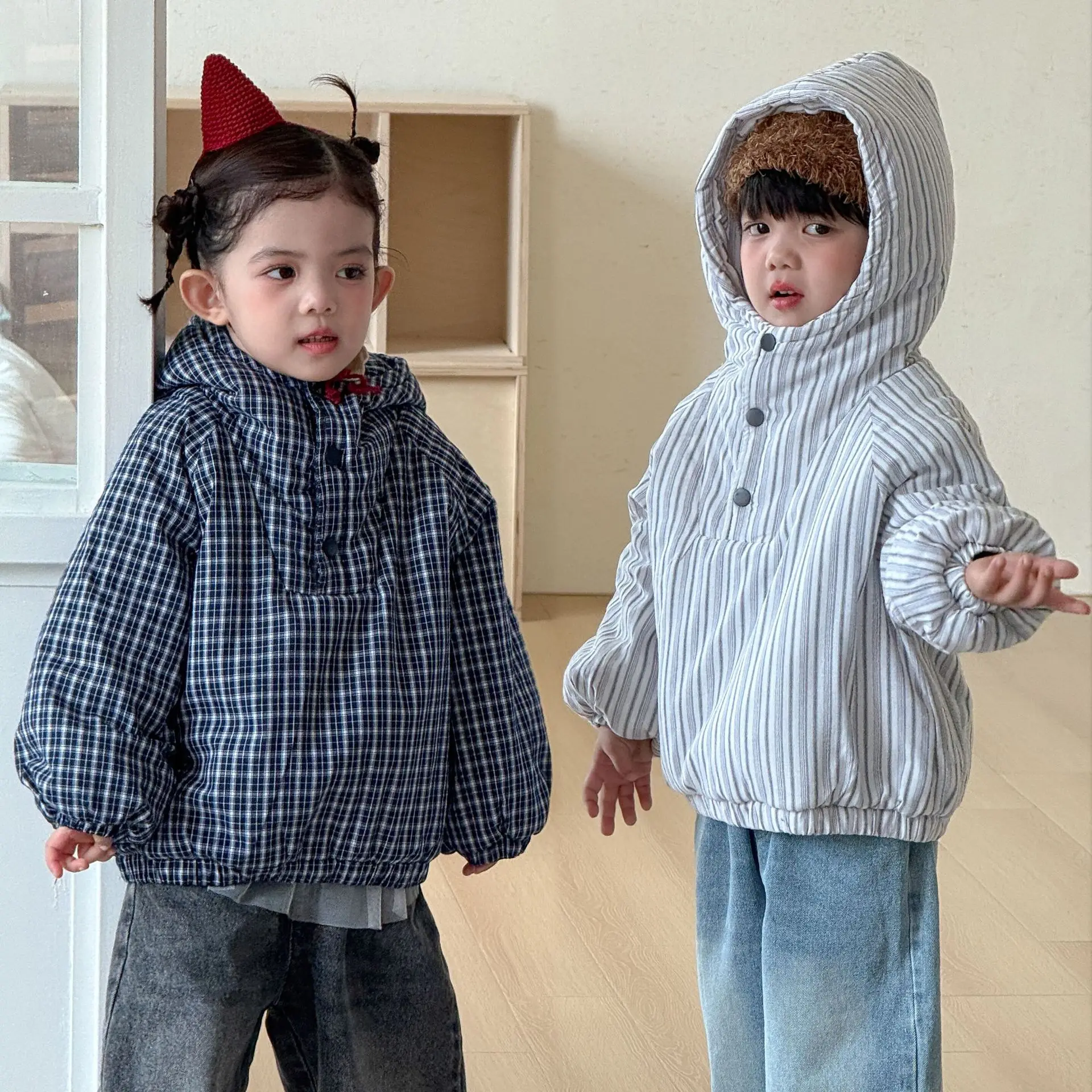 2026 Winter New Children Cotton Padded Jacket Plus Velvet Thick Boys Warm Plaid Coat Girls Hooded Quilted Coat Kids Clothes