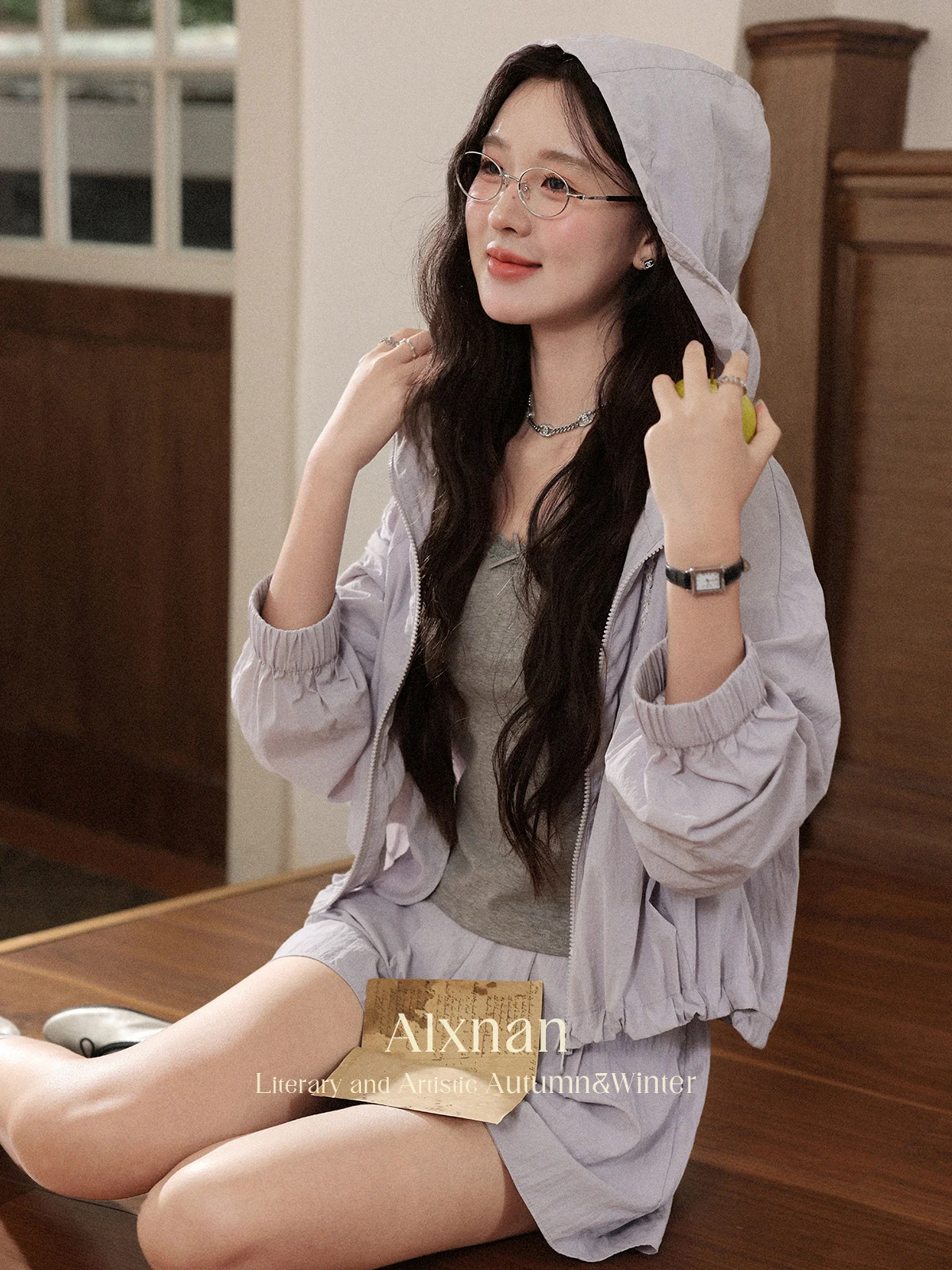 ALXNAN Purple Hoodies Short Zipper Drawstring Loose-fit Sweatshirt 2025 Autumn Thin Casual Long Sleeve Coats Female L56706