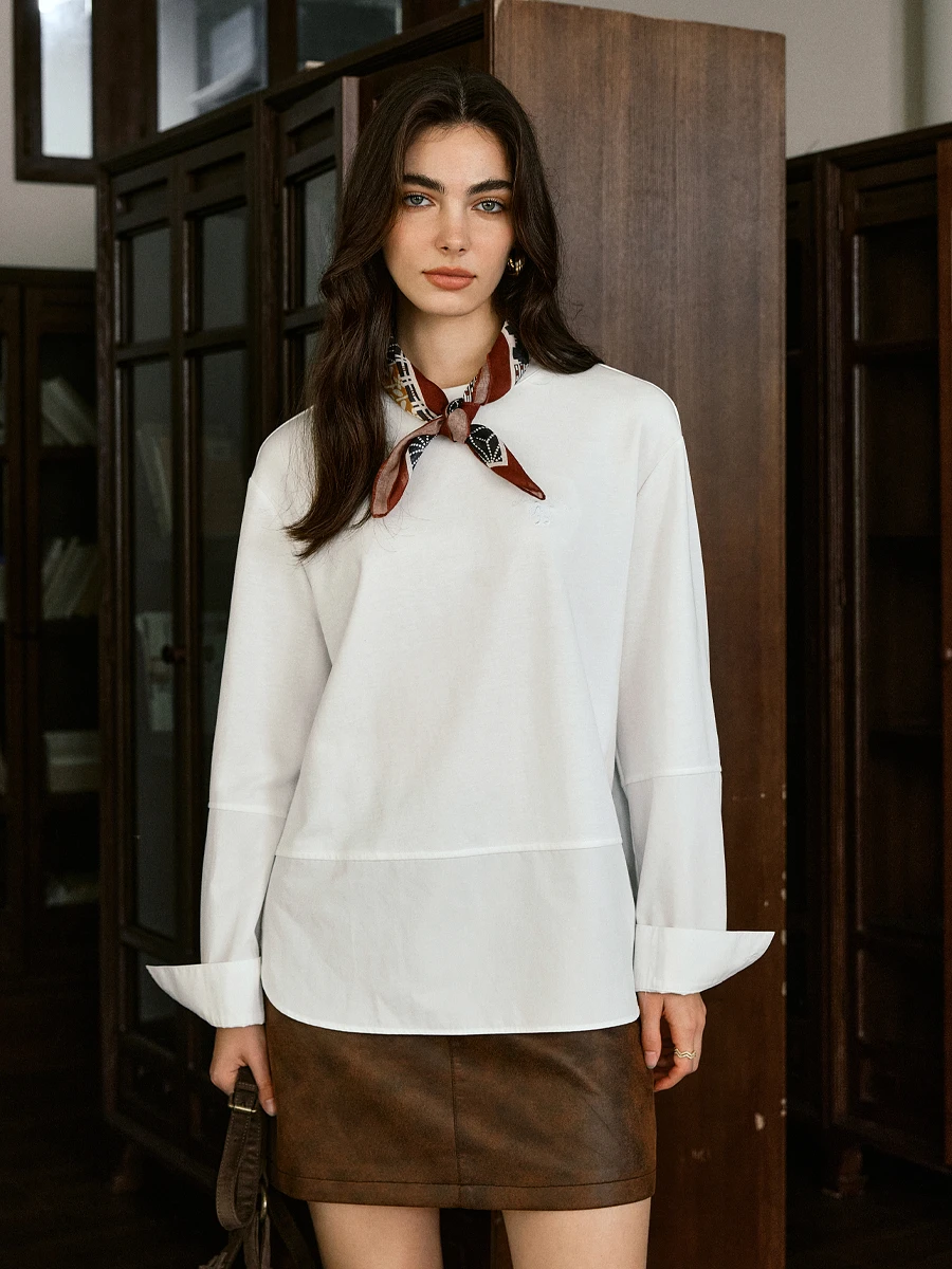 OLrain Minimalist Ladies Blouses Women's Cotton Blend Splicing Loose Long Sleeve Tops 2025 Autumn Woman Clothing M57QC000035