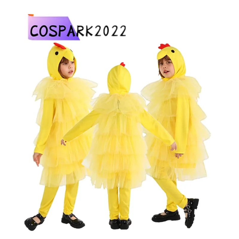 

Детский костюм для косплея с рисунком курицы, детский сценический костюм для девочек, желтый комбинезон, шляпа, наряды, карнавальный костюм на Хэллоуин