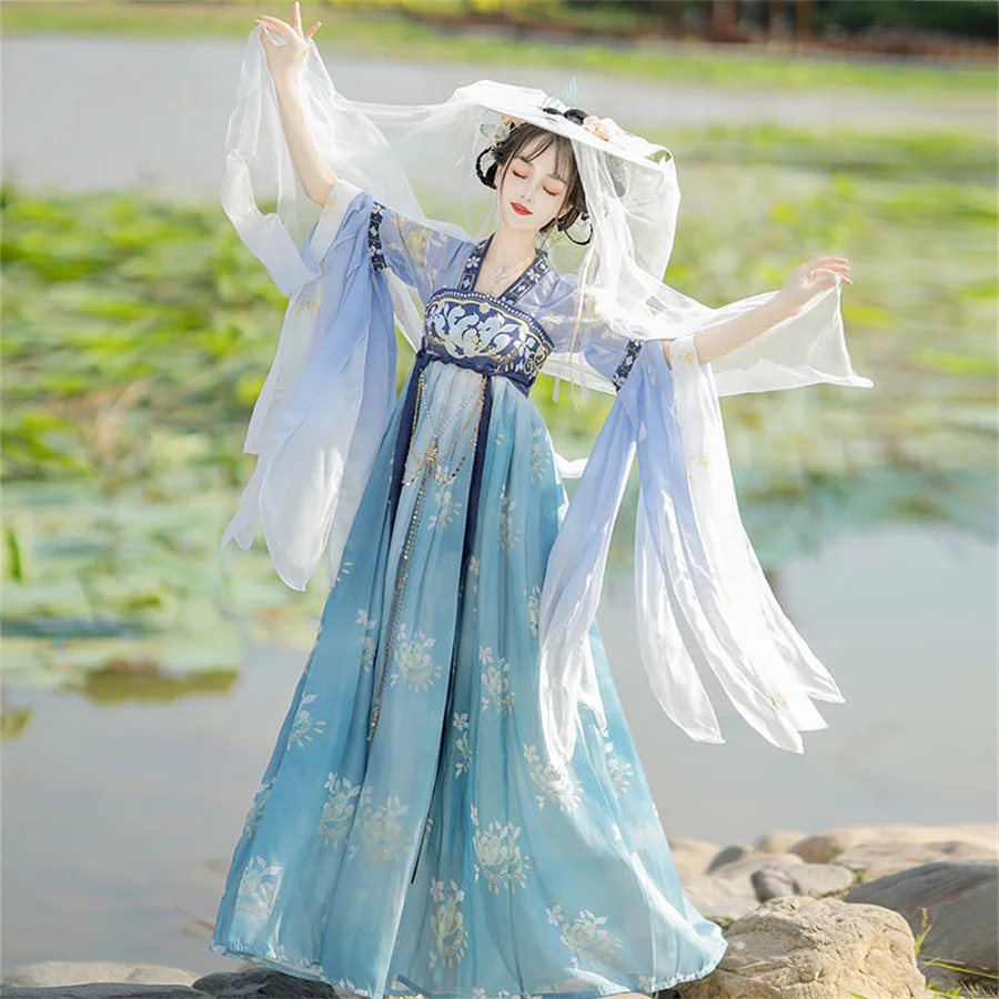 Gaun Hanfu Cina gaun Cosplay Halloween tradisional Vintage wanita gaun biru Hanfu gaun pesta ulang tahun dinasti Hanfu