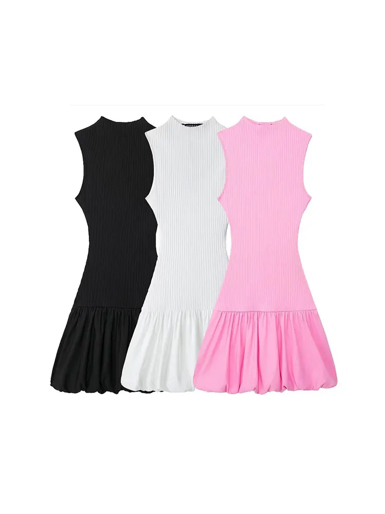 TRAF Summer Pleated Knitted Dresses Sleeveless Mini Dress Woman Cut Out Backless Short Dresses Women Elegant Party Dresses