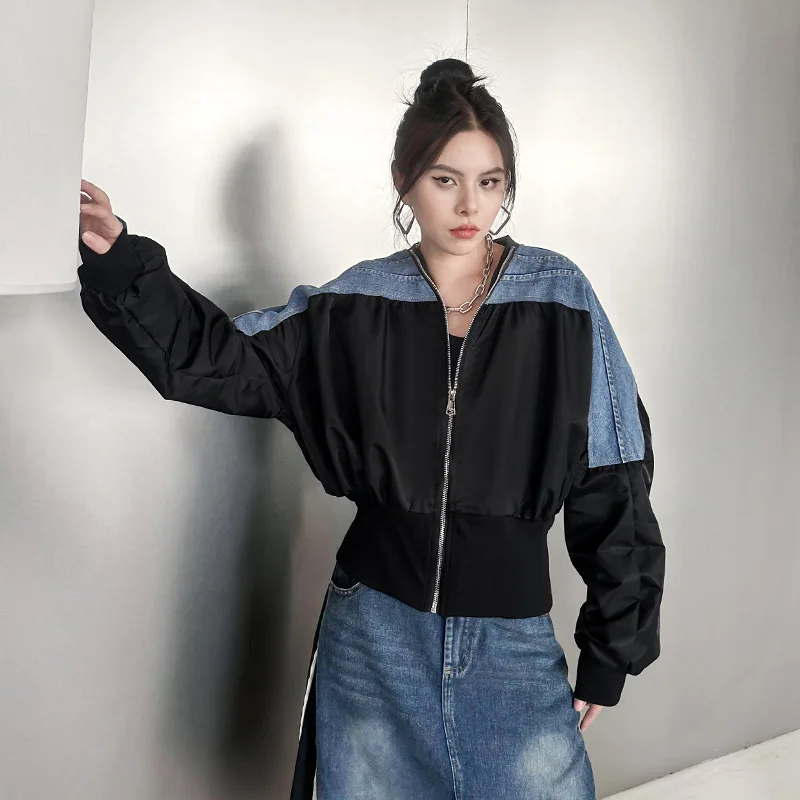 

Jackets Women Vintage Coat Denim Patchwork Outerwear Zipper V Neck Washed Distressed Streetwear Overcoat Female 2025 Autumn