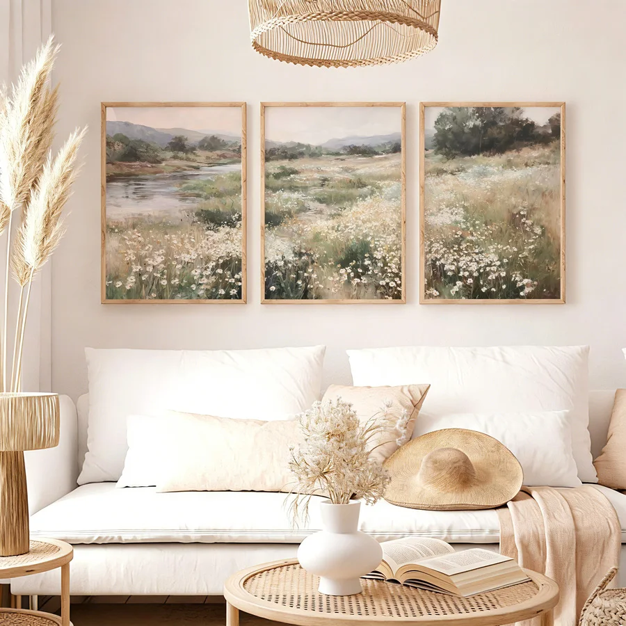3 tableaux muraux sur toile représentant des prairies de fleurs sauvages vintage, tons neutres doux, motifs de rivières, décoration de style ferme paisible, adaptés au salon, à la chambre à coucher, à la décoration rustique et naturelle de la maison, sans cadre