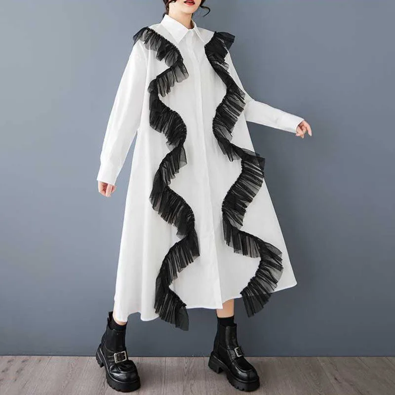 Hksh primavera outono nova camisa feminina vestido babados malha retalhos único breasted manga longa ins casual vestidos de grandes dimensões hk13768