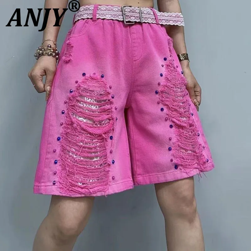

ANJY Summer New Women Trendy Denim Shorts Heavy Craft Rivet Ripped Elastic Waist Straight Streetwear Stylish Cropped Pants A8913