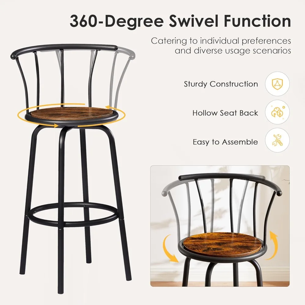 Bar Chairs ，Bar Stools Set Of 2, 360-Degree Swivel Stool With Back Support, Tall Barstool Chair For Kitchen Counter, Dini