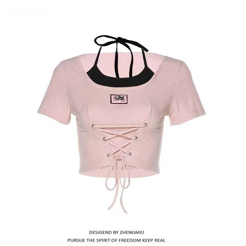 Sweet And Spicy ort Sve T-irt Women's Waist-Cinching Belt Design ort Sle Sexy Slimming round Ne Korean Sle Top