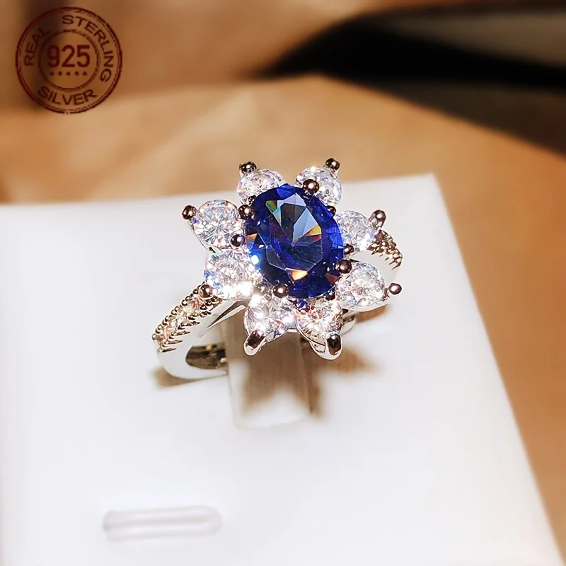 

925 Sterling Silver Vintage Lab Sapphire Marquise Platinum Plated Ring Princess Diana Ladies Wedding Engagement Bride Jewelry