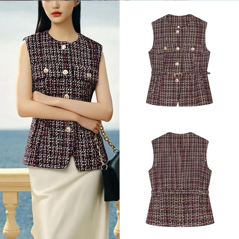 

2025 Fall Women's High-End Belted Sleeveless Textured Fashion Vest