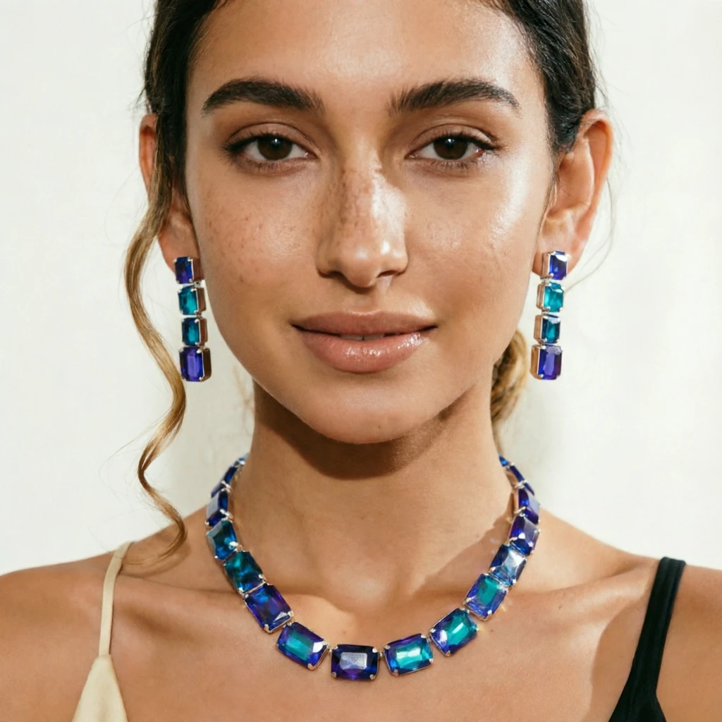 3pc Jewelry Set‌ Blue Crystal Necklace Bracelet Earrings Set for Women Girl Geometry Square Rhinestone Collar Accessories