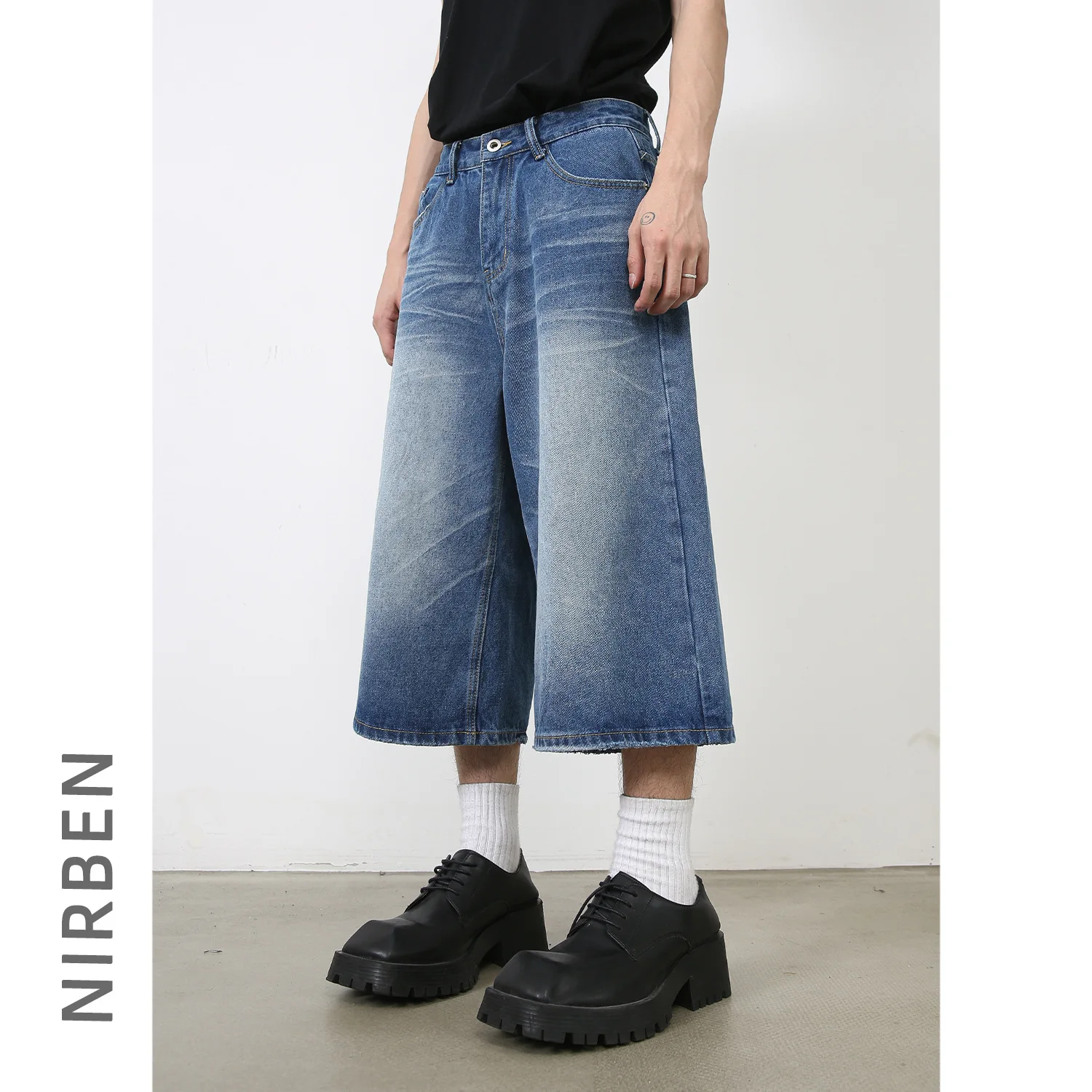 New Denim American Summer Loose Silhouette Retro Washed Seven-point Straight Denim Shorts Men's Trend