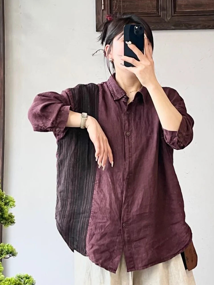 Amax LuluEブランド 2025年秋 レディース カジュアル ヴィンテージ 大きめ パッチワーク シャツ 女性 クラシック ルーズ ブラウス ファッション 高級服