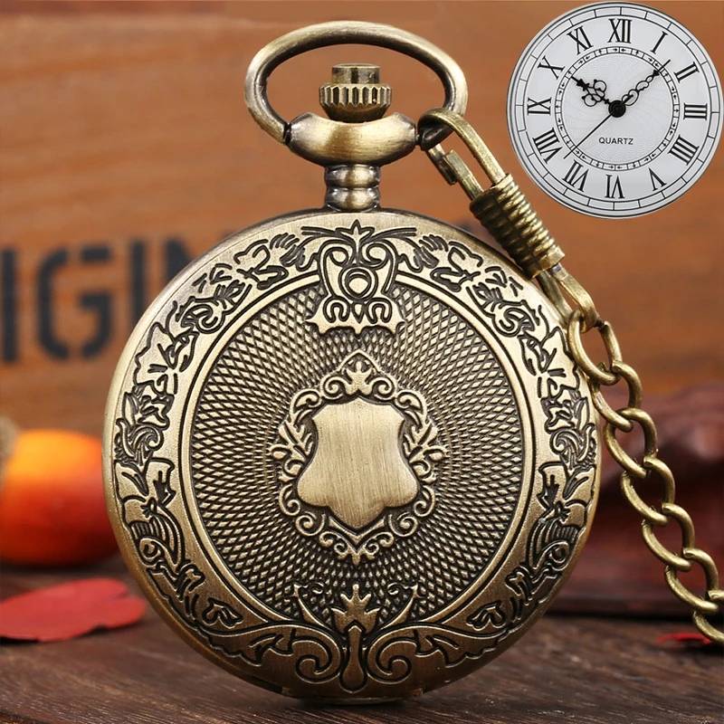 Reloj de bolsillo de cuarzo con patrón de escudo tallado hecho a mano, de bronce, cadena de ratán Floral Vintage, reloj de joyería con cadena de gancho para la cintura