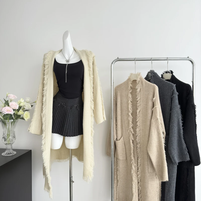 Women Tassel Long Sweater Coat Design Sense Chic Loose Lazy Knitted Over Knee Cardigan Lady Temperament Chic Tops