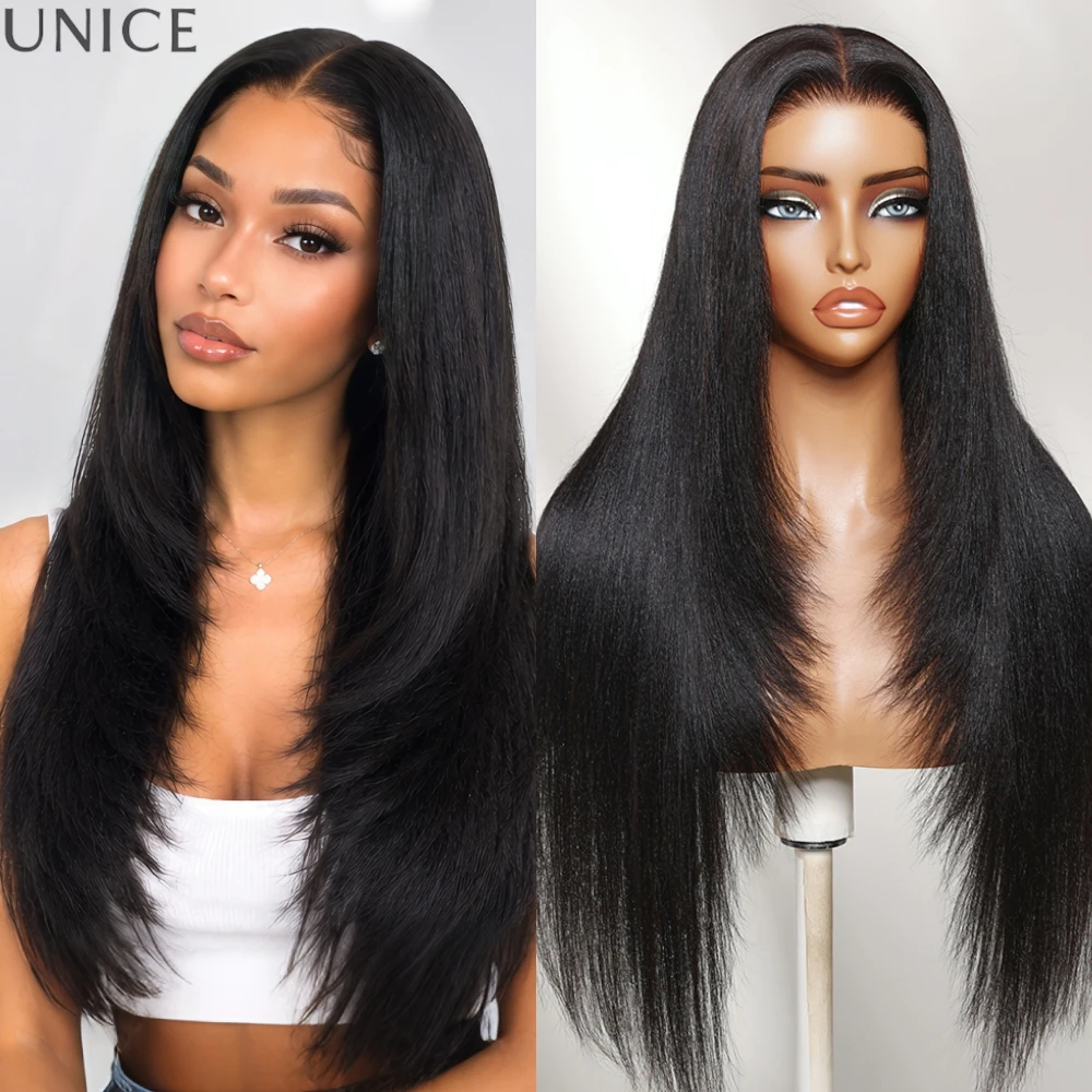 UNice 7x5 Bye-Bye Slip™ Layered Cut Yaki Straight Wig With Drawstring 100% Human Hair Glueless Wig 180% Density