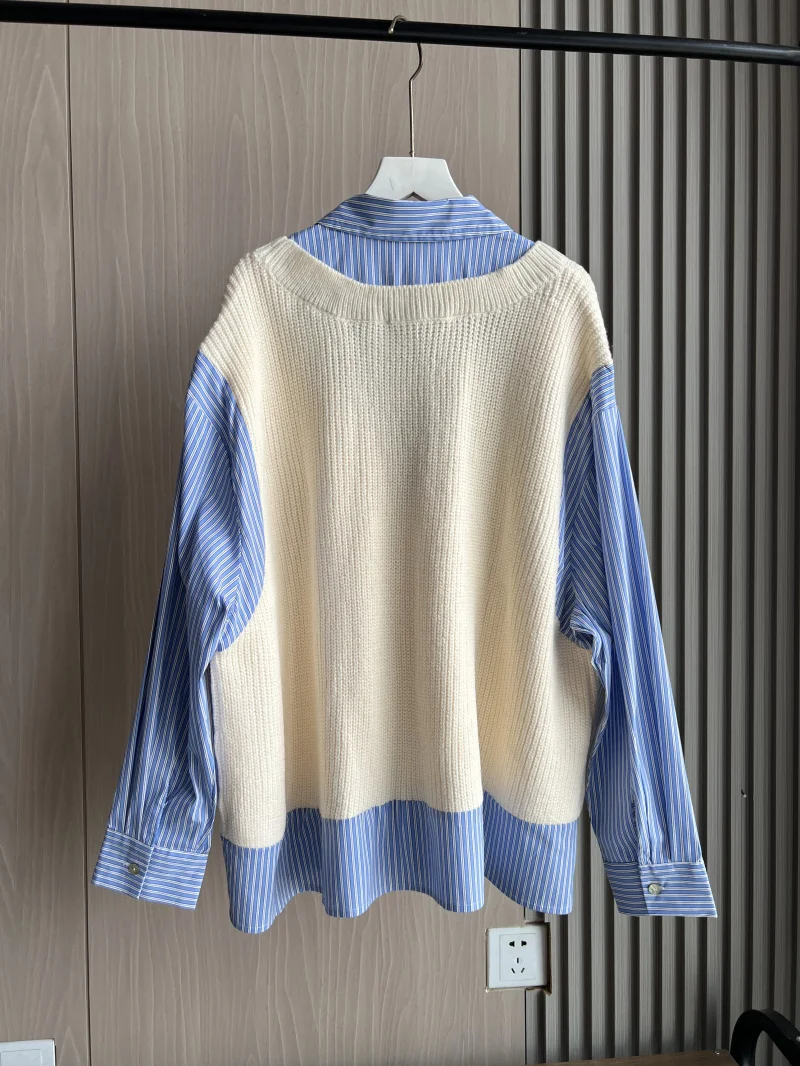 Oversized patchwork knit shirt traf 2024 new women\'s fashion knit vest patchwork vertical striped lapel long sleeve shirt