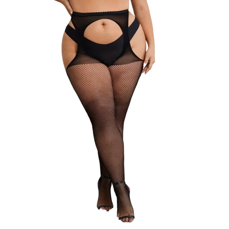 NEWJOINFUN Plus Size Open Crotch Tights Fishnet Pantyhose Stockings with Garter Belt for Oversized Women Thigh High Long Socks