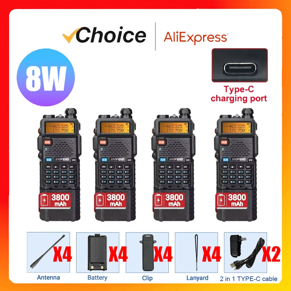 4Pcs Baofeng UV-5R Large battery 8W Tri-Power Walkie Talkie High Power Dual Band Long Range Portable Handheld UV 5R Radio