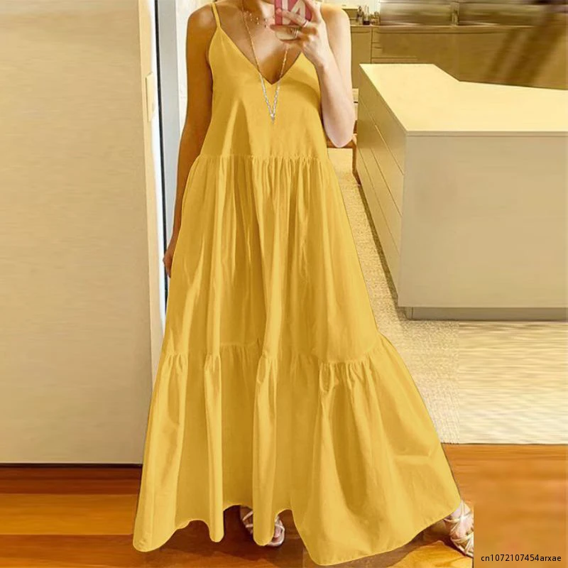 Fashion Simple A-Line Dress Vestidos Summer Loose Spaghetti Straps V-Neck Maxi Dress Women Casual Solid Color Pleated Long Dress