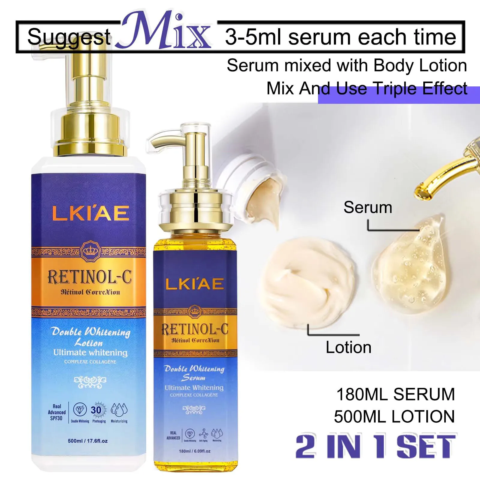 LKIAE Retinol Whitening Lotion With Lightening Serum Set, Brighten Skin Tone, Fade Dark Spots, Moisturizing, Smooth Rough Skin