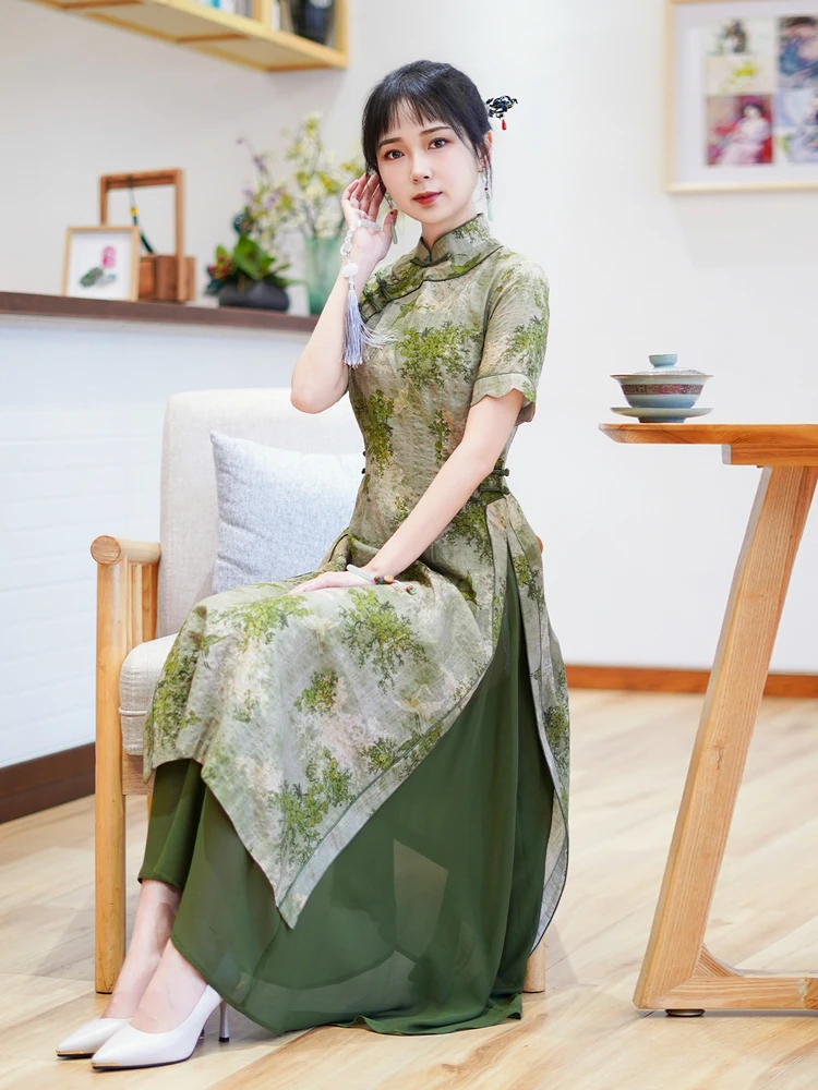 

Summer New Sle QiPao Dr Reformed AoDai Women's Faionable Cotton Linen Blend ort Sve Low Slit Daily Wear