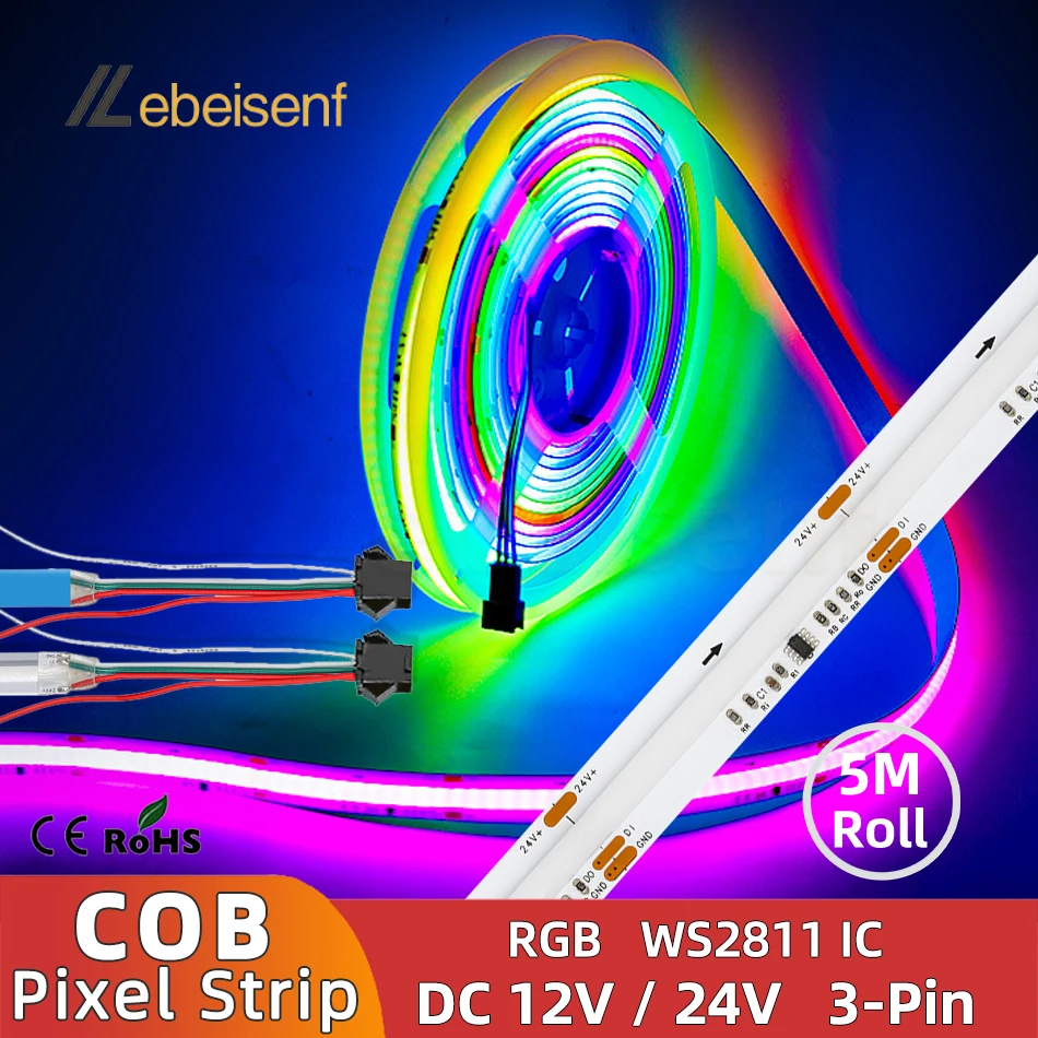 New 5M LED COB RGB Magic Color Pixel Light Strip DC 12V 24V 720 576 LEDs/M WS2811 Full Color Digital SPI Flexible Band Lamp Tape