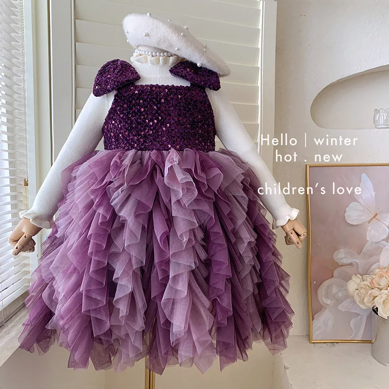 

Girls' Autumn and Winter New Fashionable Non-Fleece Knitted Top with Bowknot and Sequins, Fleece-Lined Dress Two-Piece Set