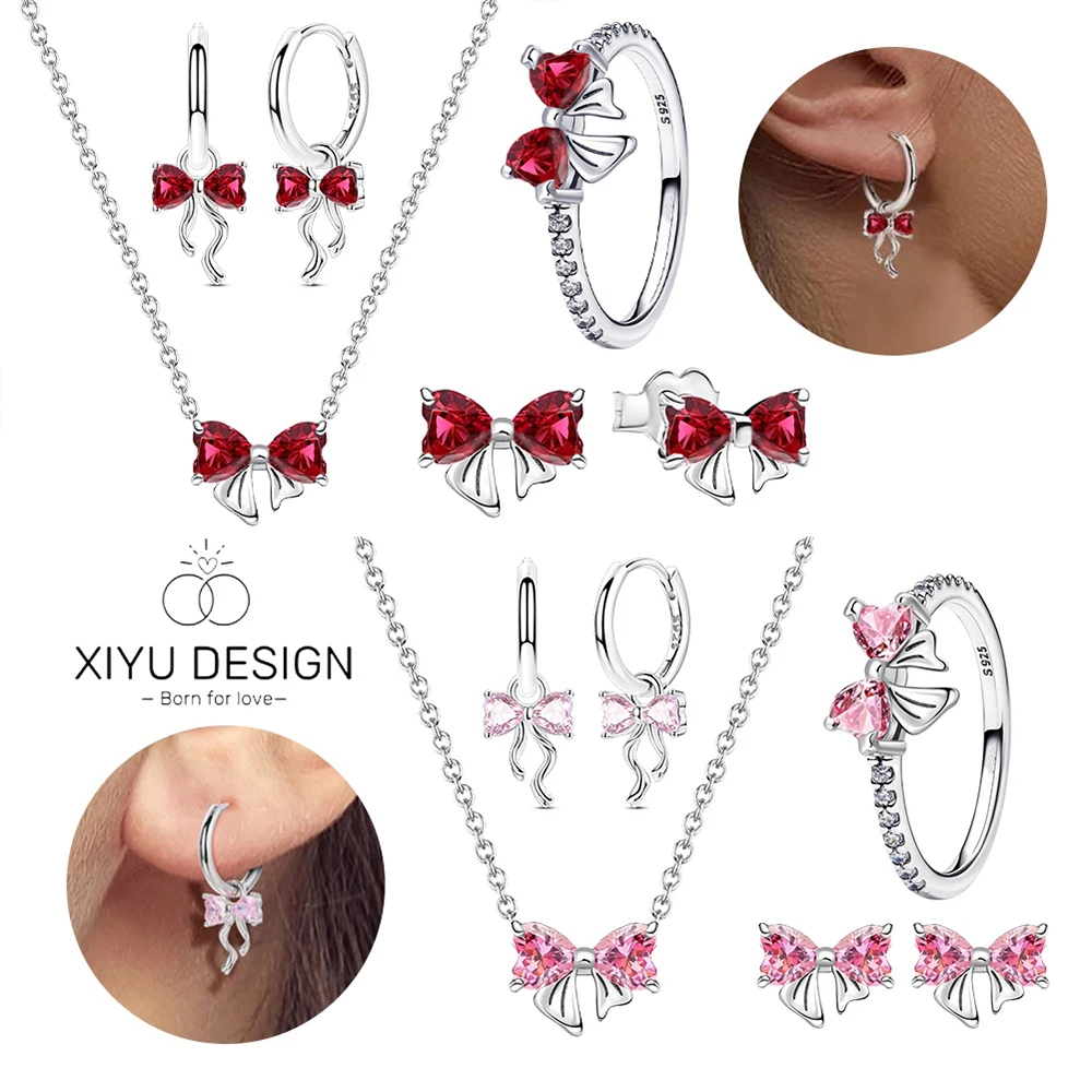 مجموعة مجوهرات رومانسية على شكل فيونكة 925 فضية على الموضة وقلادة وخاتم وسوار وربطة عنق مجموعة أصلية يمكنك صنعها بنفسك هدية عيد الحب الجميلة للنساء