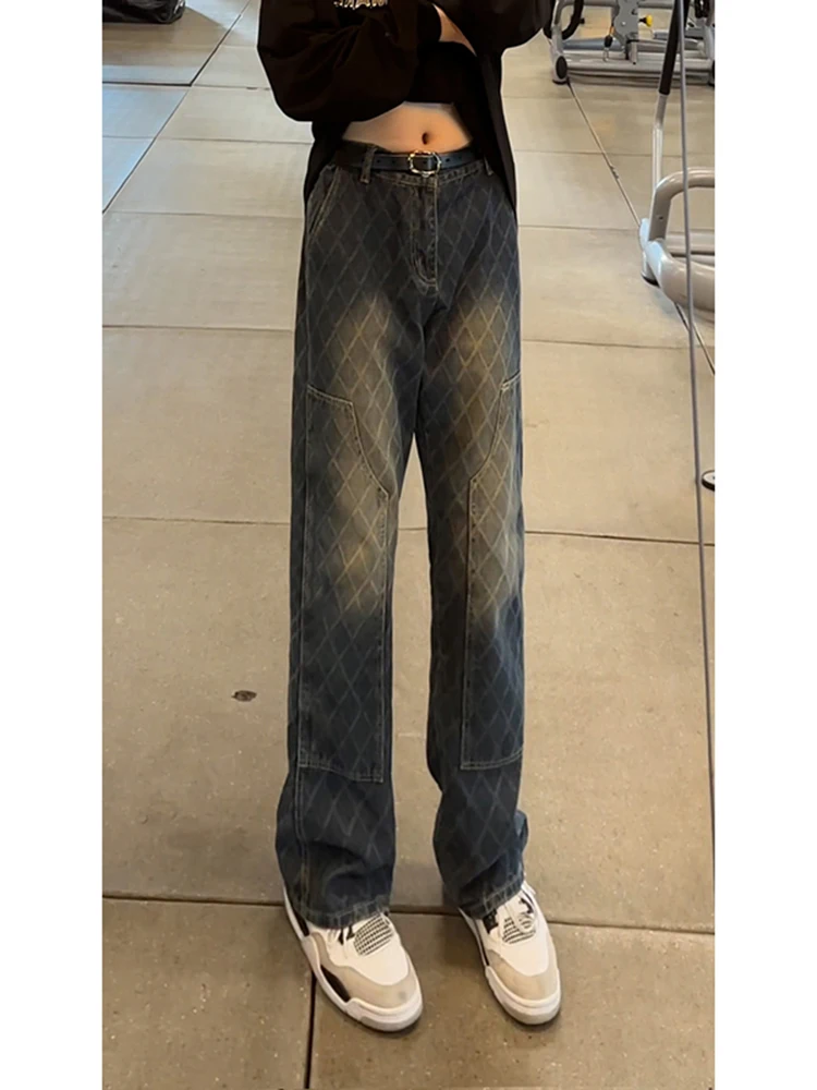 

Deep Blue Plaid Embroidered Men's Straight Leg Jeans Autumn Winter American Sle Haome Pants Cleanfit Flared Long Trousers