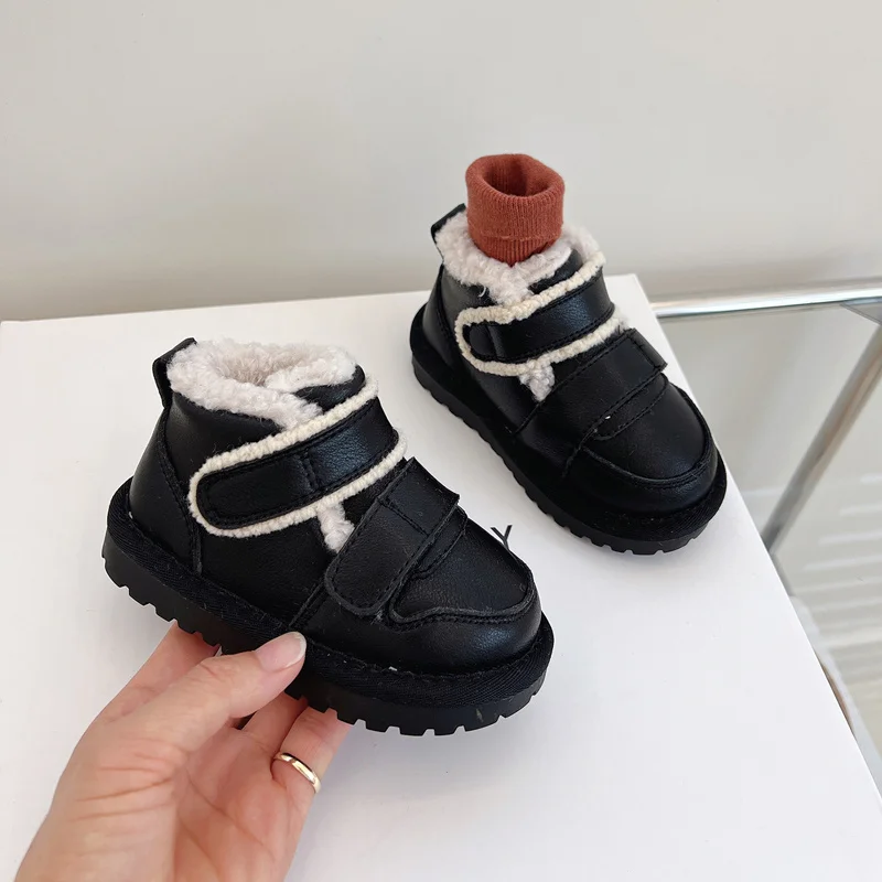 2022 New Winter Children Boots Leather Warm Plush Toddler Boys Shoes Double Hook&Loop Fashion Baby Girls Boots EU 21-25