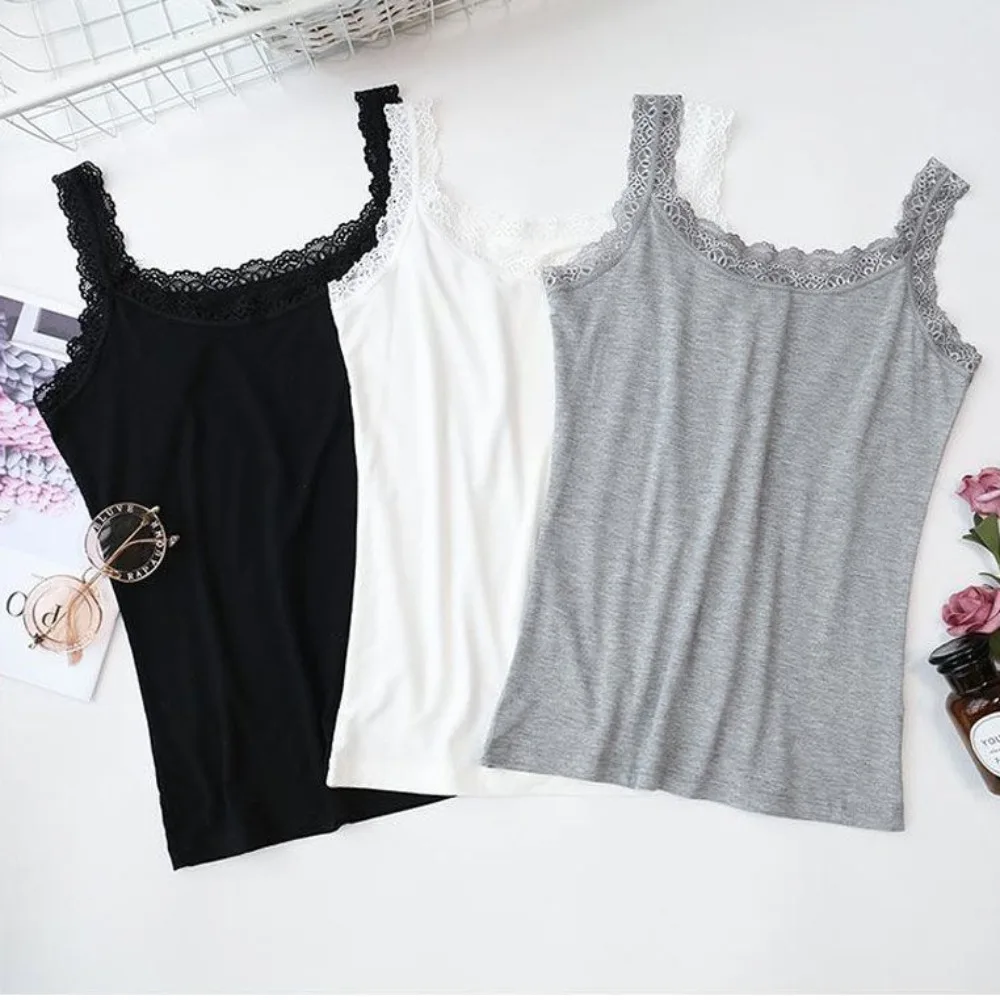 Casual U Neck Summer Tank Tops With Lace Slim Cami Top Shirt Underwear Loose Fitted Tops for Women