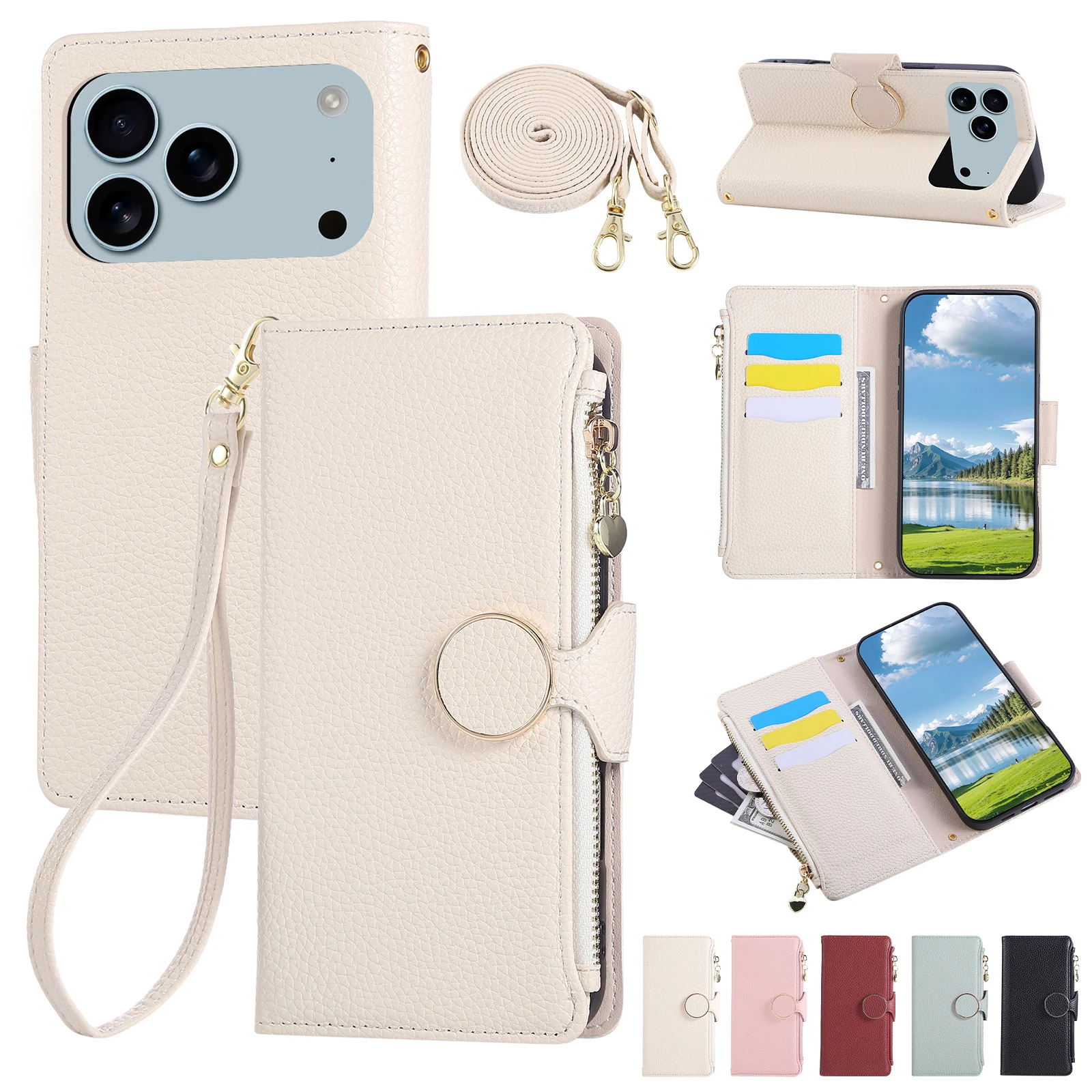 Funda de cuero tipo billetera con cremallera cruzada para iPhone 17 Pro Max 16 15 14 13 12 11 Plus air 16E, funda de libro con cordón largo
